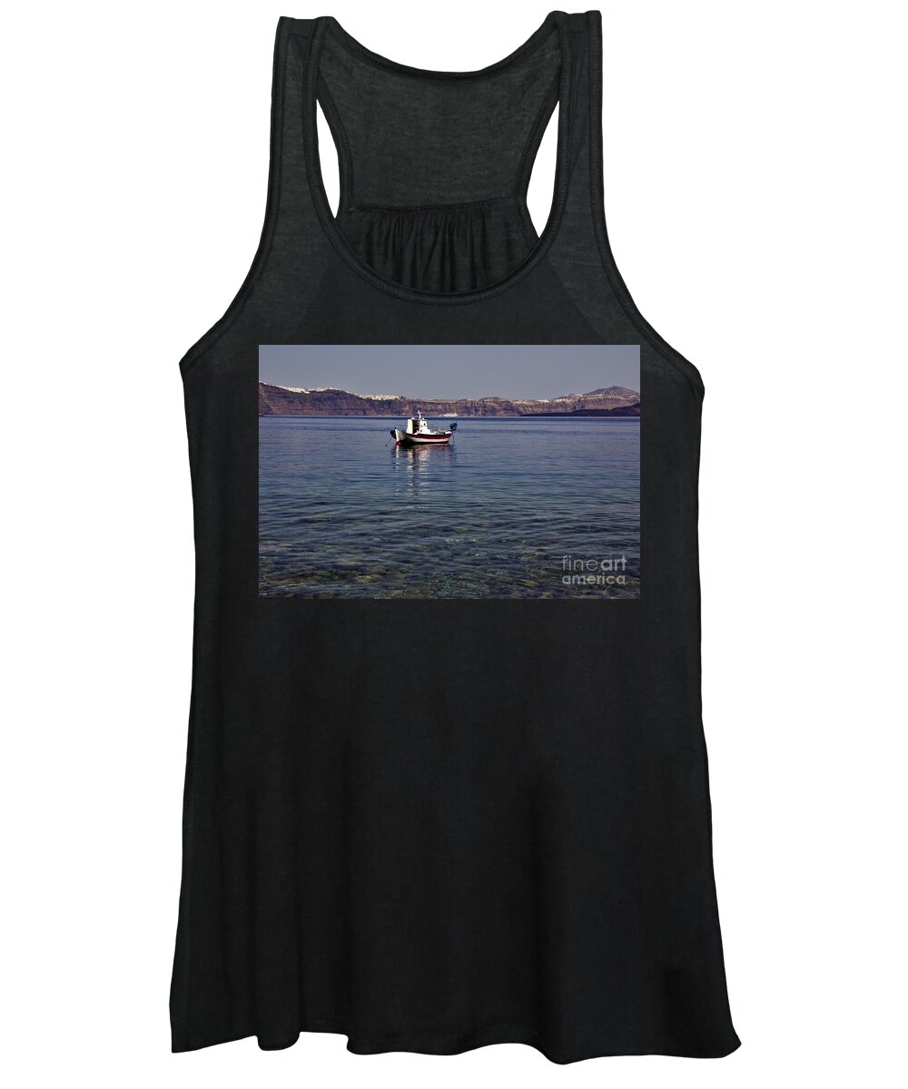 Santorini Women's Tank Top featuring the photograph Boat in a Caldera by Jeremy Hayden