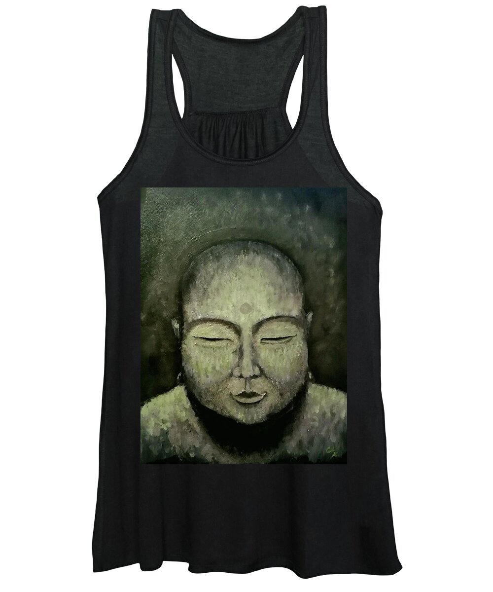 Buddha Women's Tank Top featuring the painting Buddha in Green by Carole Hutchison