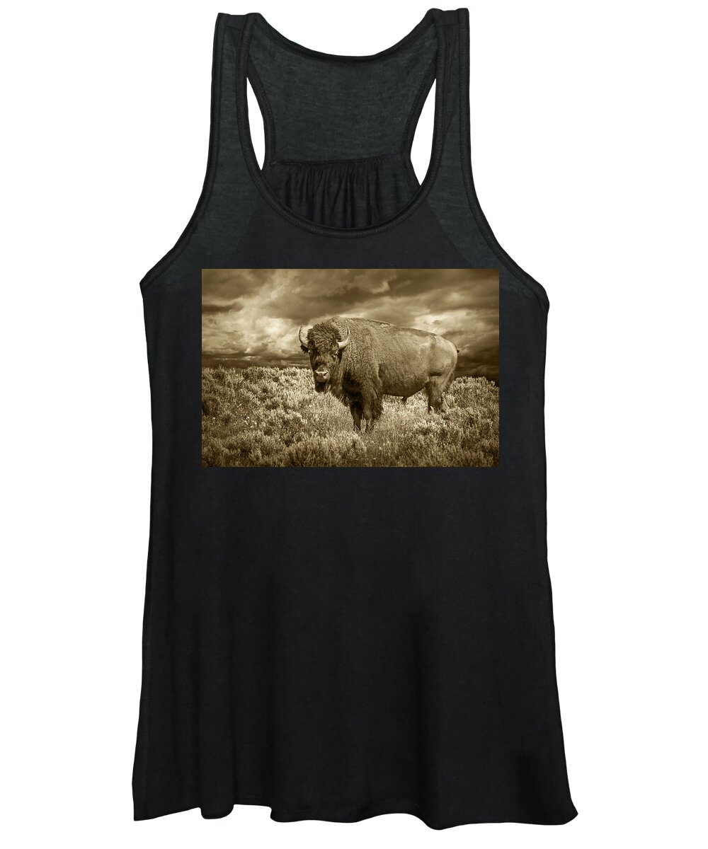 Buffalo Women's Tank Top featuring the photograph Buffalo Bison at Yellowstone in Sepia by Randall Nyhof