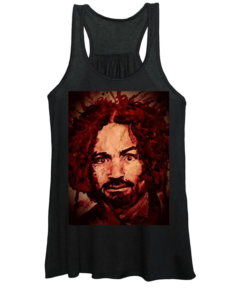 Ryan Almighty Women's Tank Top featuring the painting CHARLES MANSON portrait fresh blood by Ryan Almighty