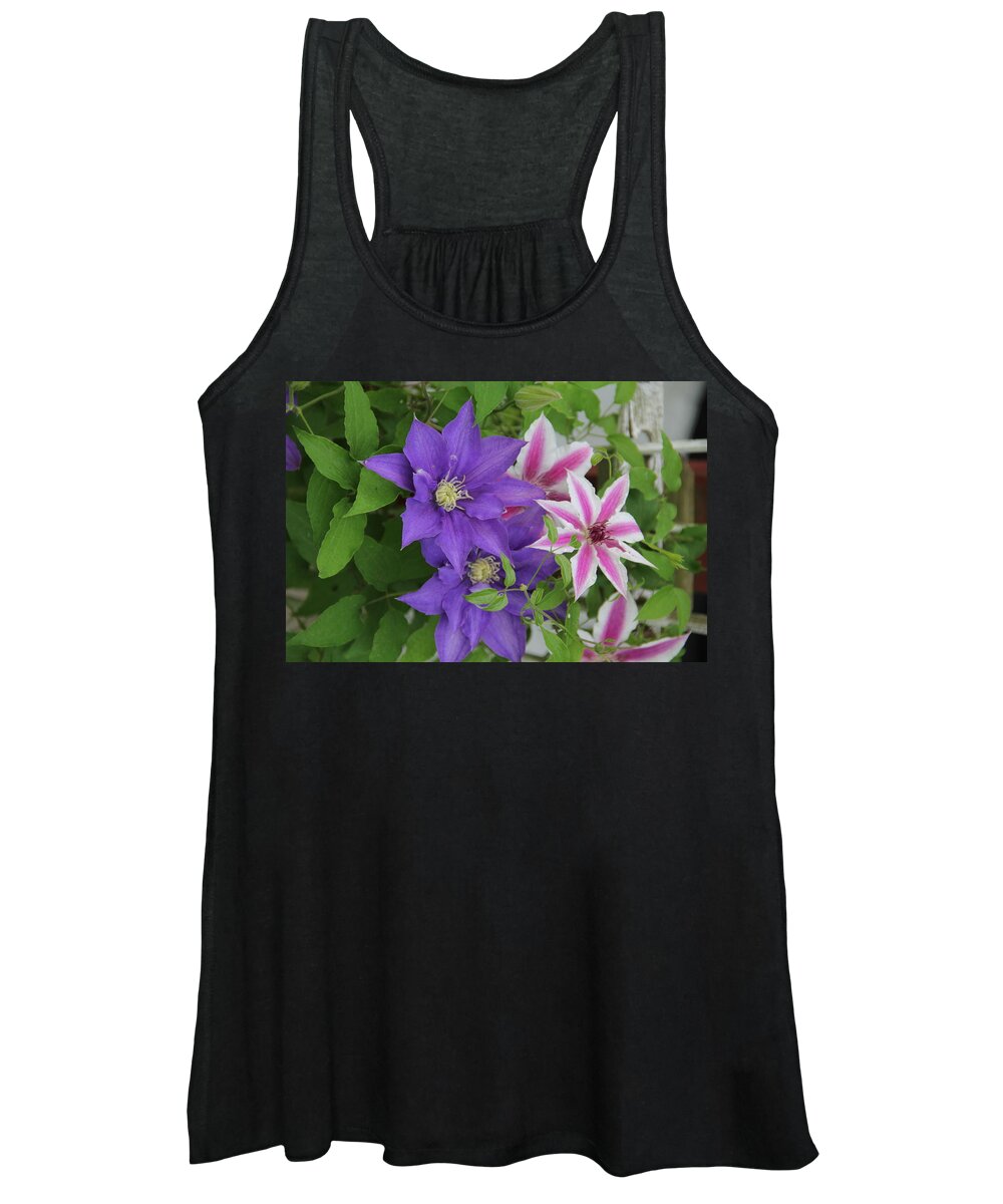 Clematis Women's Tank Top featuring the photograph Clematis Purple and Pink White by Allen Nice-Webb
