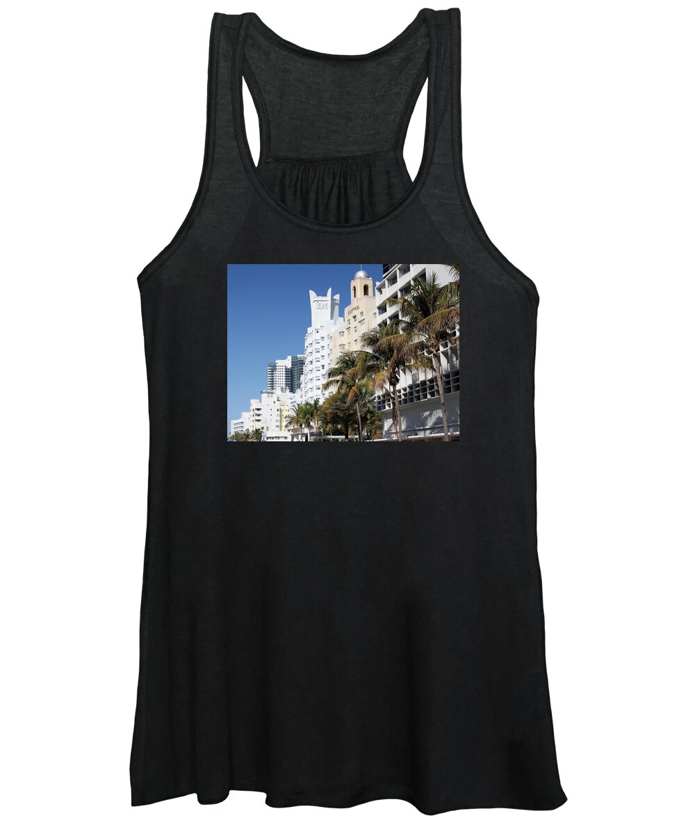 Delano Women's Tank Top featuring the photograph Collins Avenue. Miami Beach Hotels Street view. by Elton Hazel