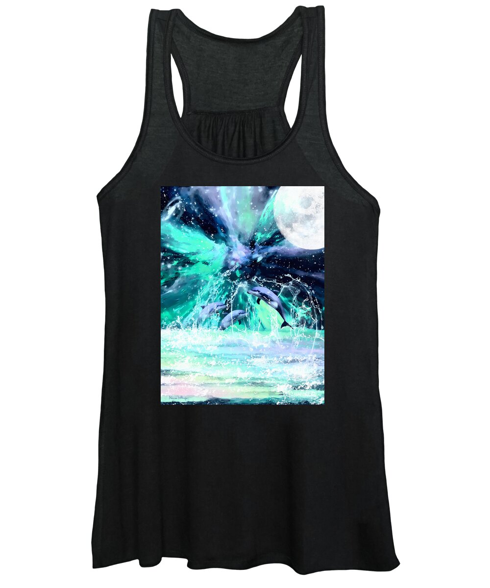 Dolphins Women's Tank Top featuring the digital art Dancing Dolphins Under the Moon by Alicia Hollinger