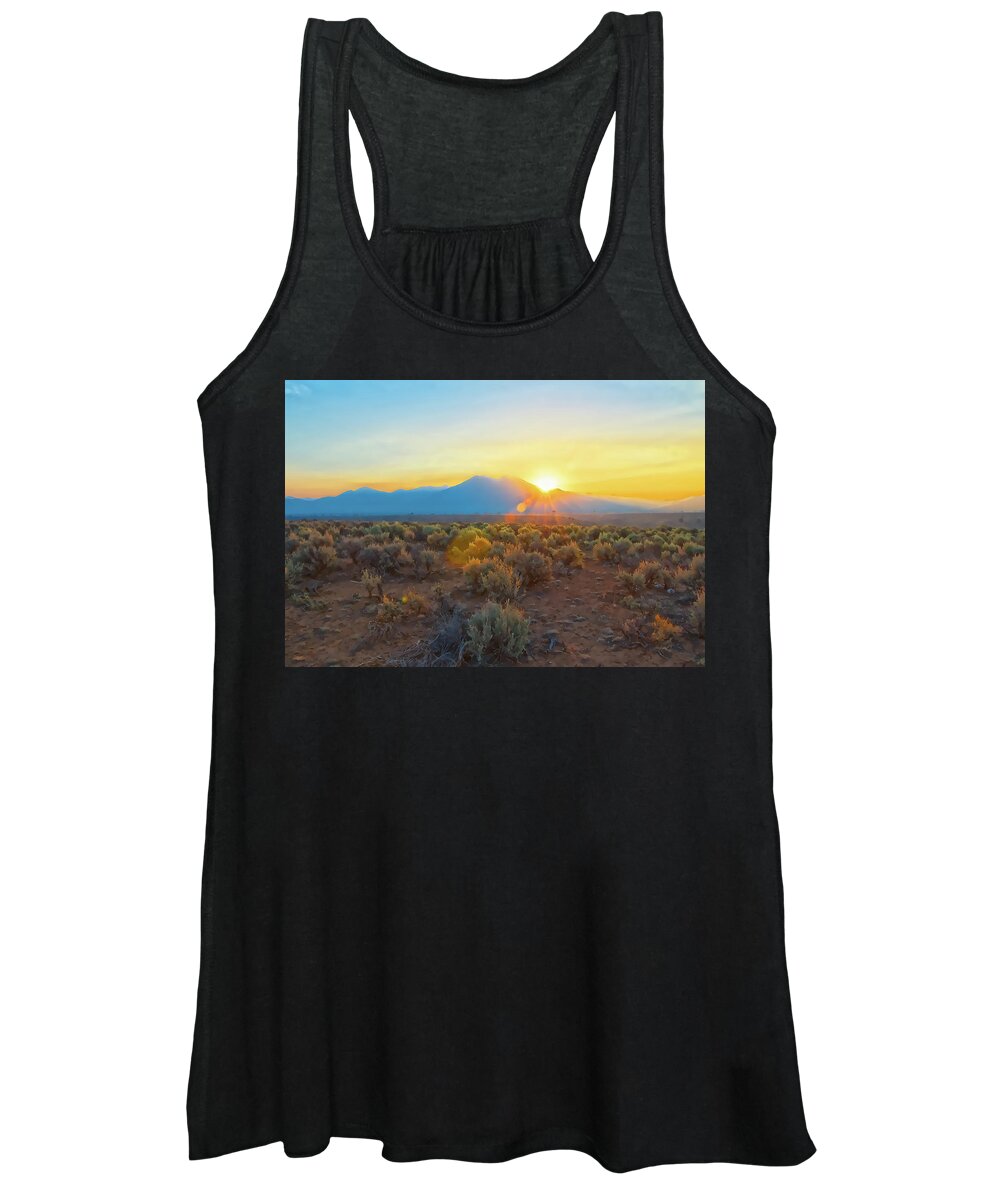  Dawn Women's Tank Top featuring the photograph Dawn over magic Taos mountain by Charles Muhle
