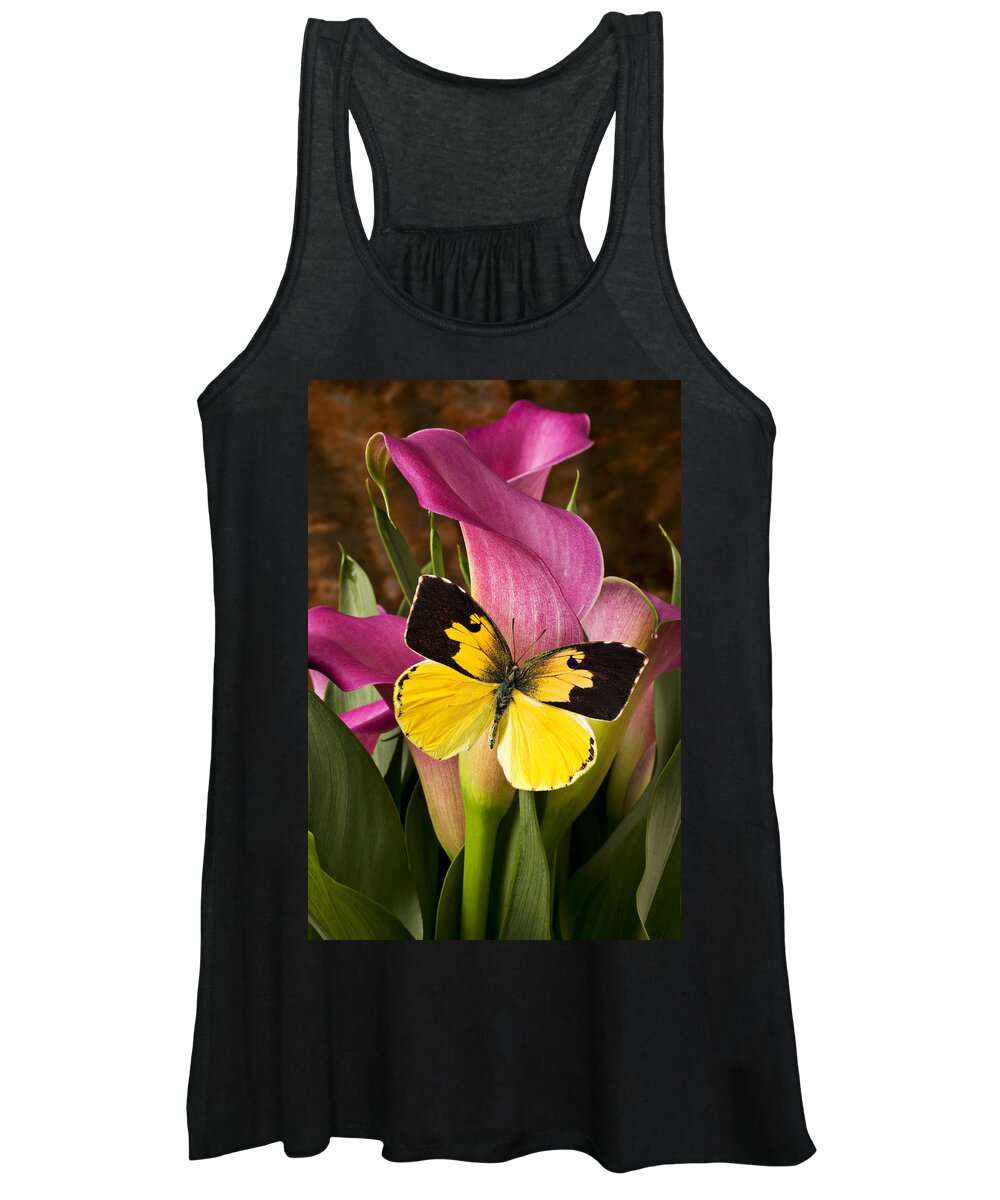 Butterfly Women's Tank Top featuring the photograph Dogface butterfly on pink calla lily by Garry Gay