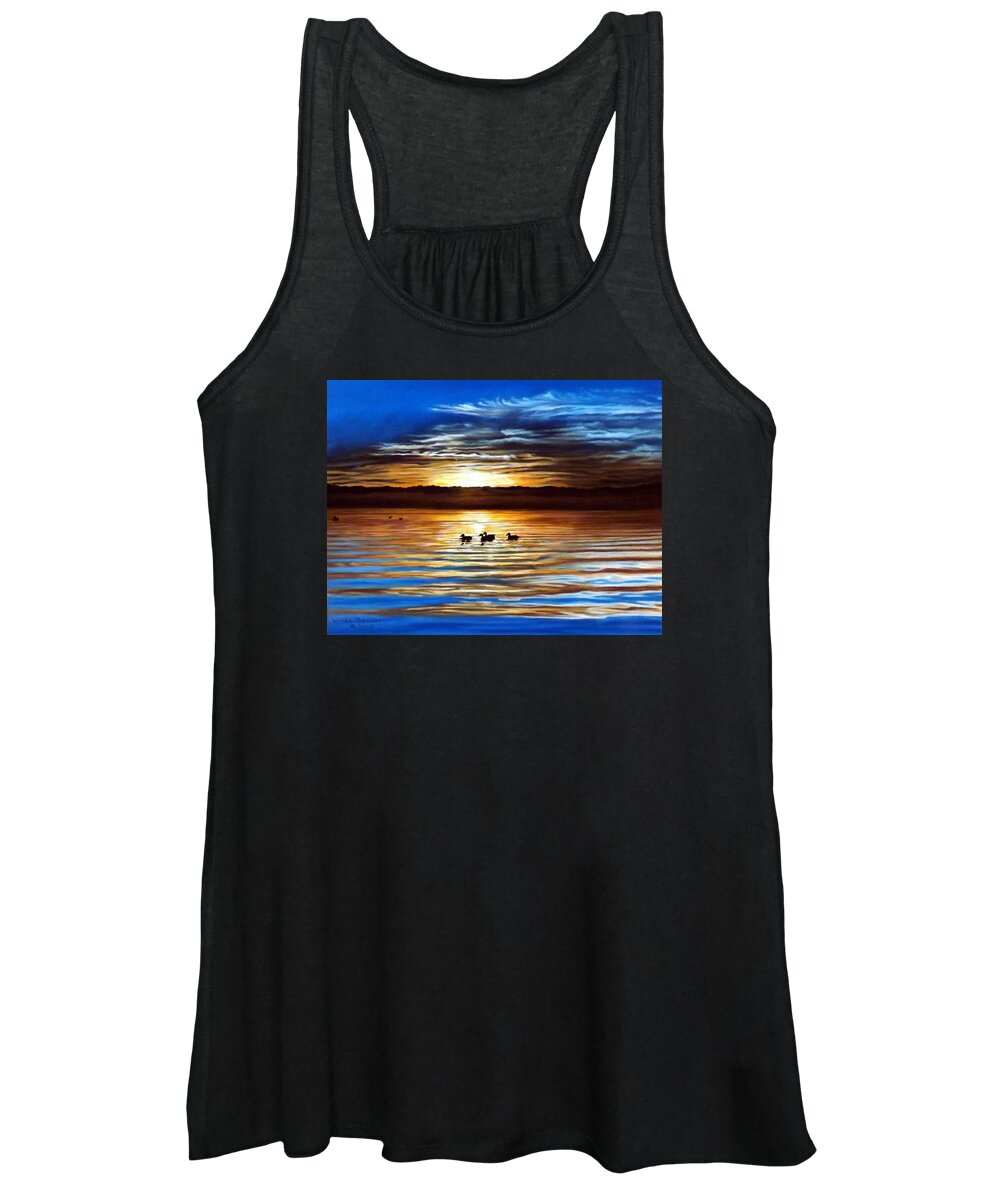 Landscape Women's Tank Top featuring the painting Ducks on Clear Lake by Linda Becker