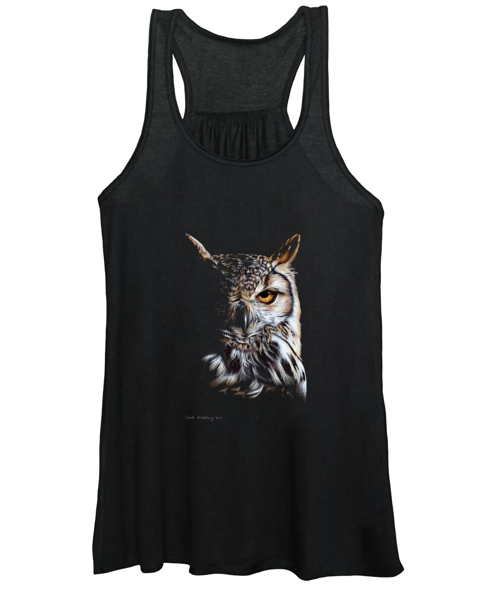 Eagle Owl Women's Tank Top featuring the drawing Eagle owl at twilight by Sarah Stribbling