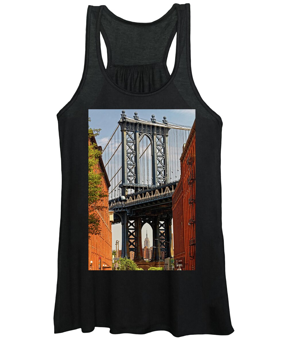 Manhatten Women's Tank Top featuring the photograph Empire State Building Through Manhattan Bridge by Doolittle Photography and Art