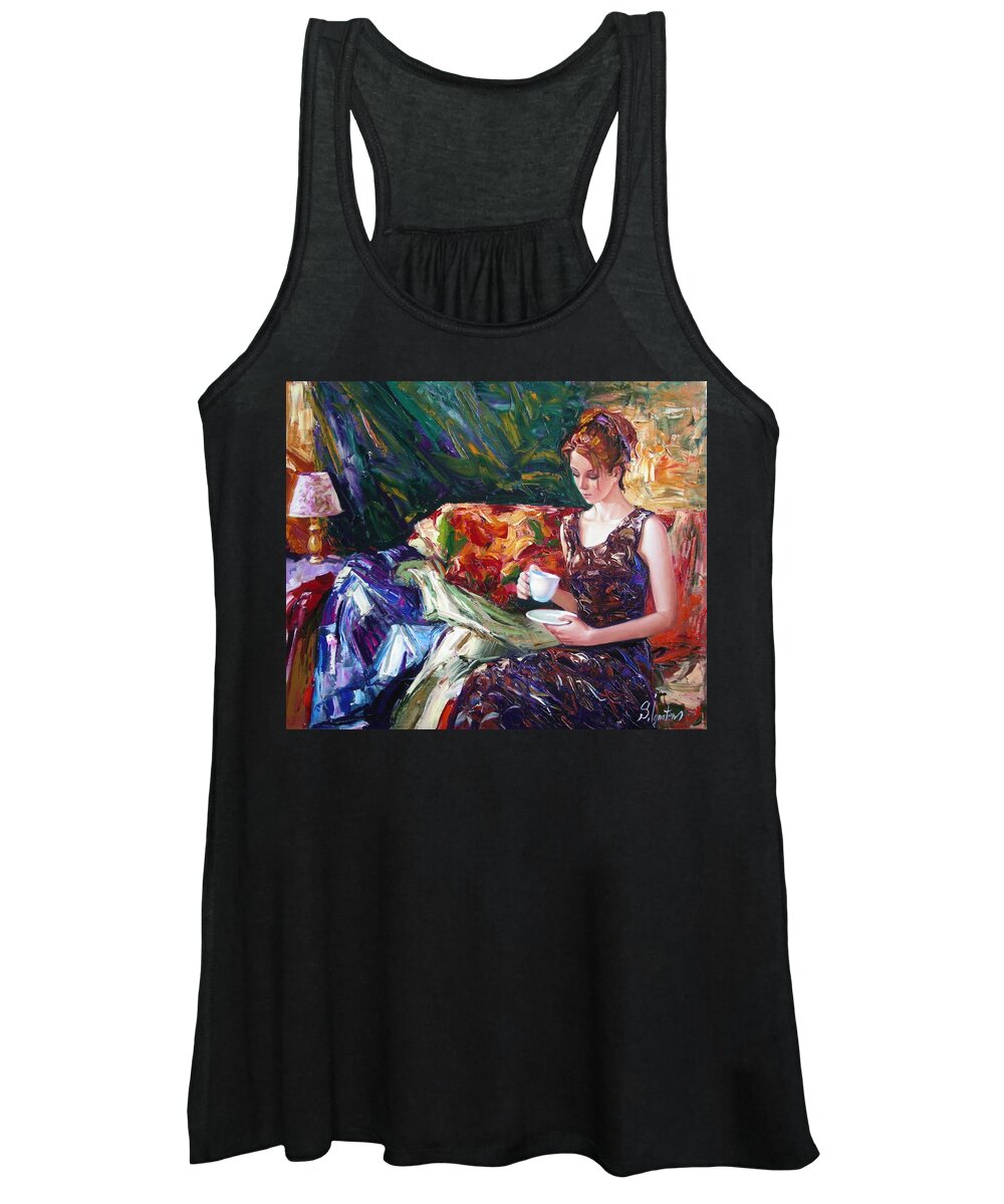 Figurative Women's Tank Top featuring the painting Evening coffee by Sergey Ignatenko
