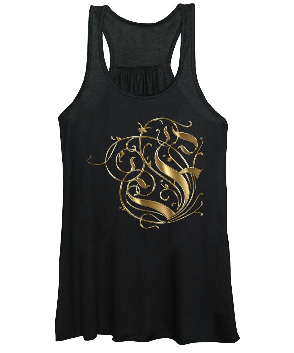 Gold Letter F Letter Typography Women's Tank Top featuring the painting F Ornamental Letter Gold Typography by Georgeta Blanaru