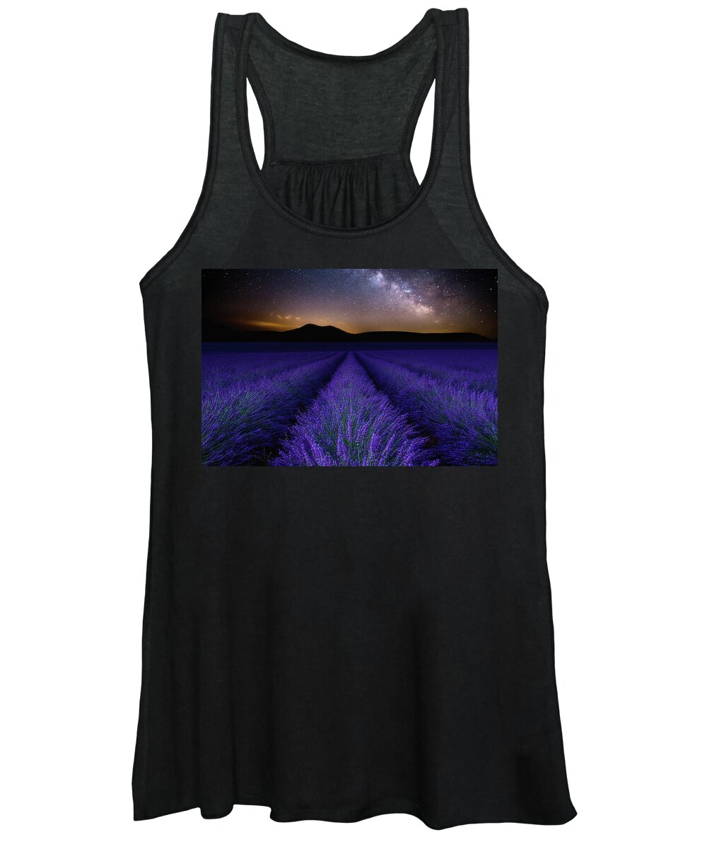Night Stars Waterscape Lavender Mood Fields Provence Milkyway Clouds Nature Blue Sky Landscape Scenic Sea Nightscape Wonder Clouds Europe Women's Tank Top featuring the photograph Fields of Eden by Jorge Maia