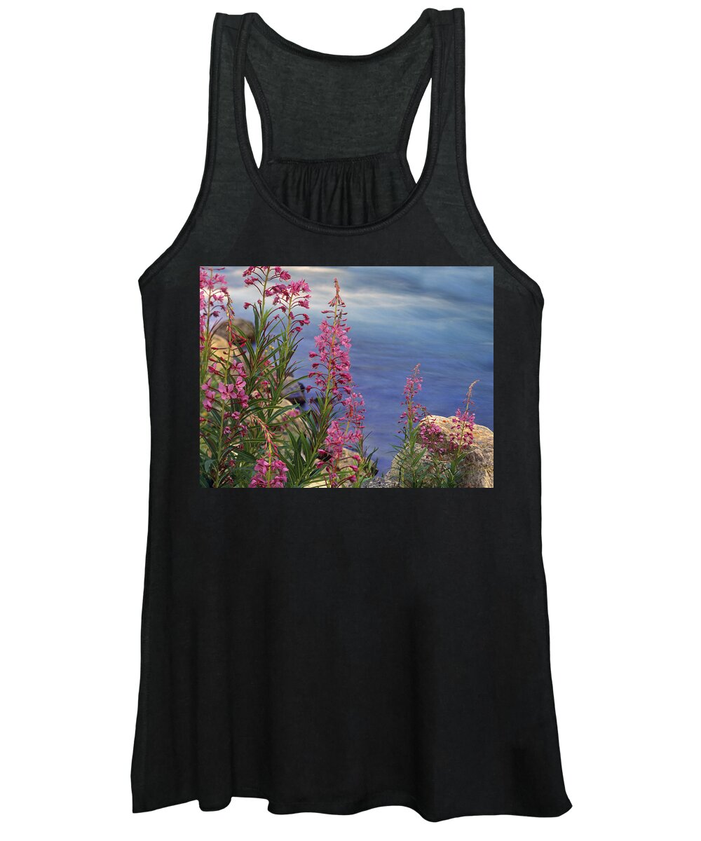 00176685 Women's Tank Top featuring the photograph Fireweed Against Flowing Stream North by Tim Fitzharris