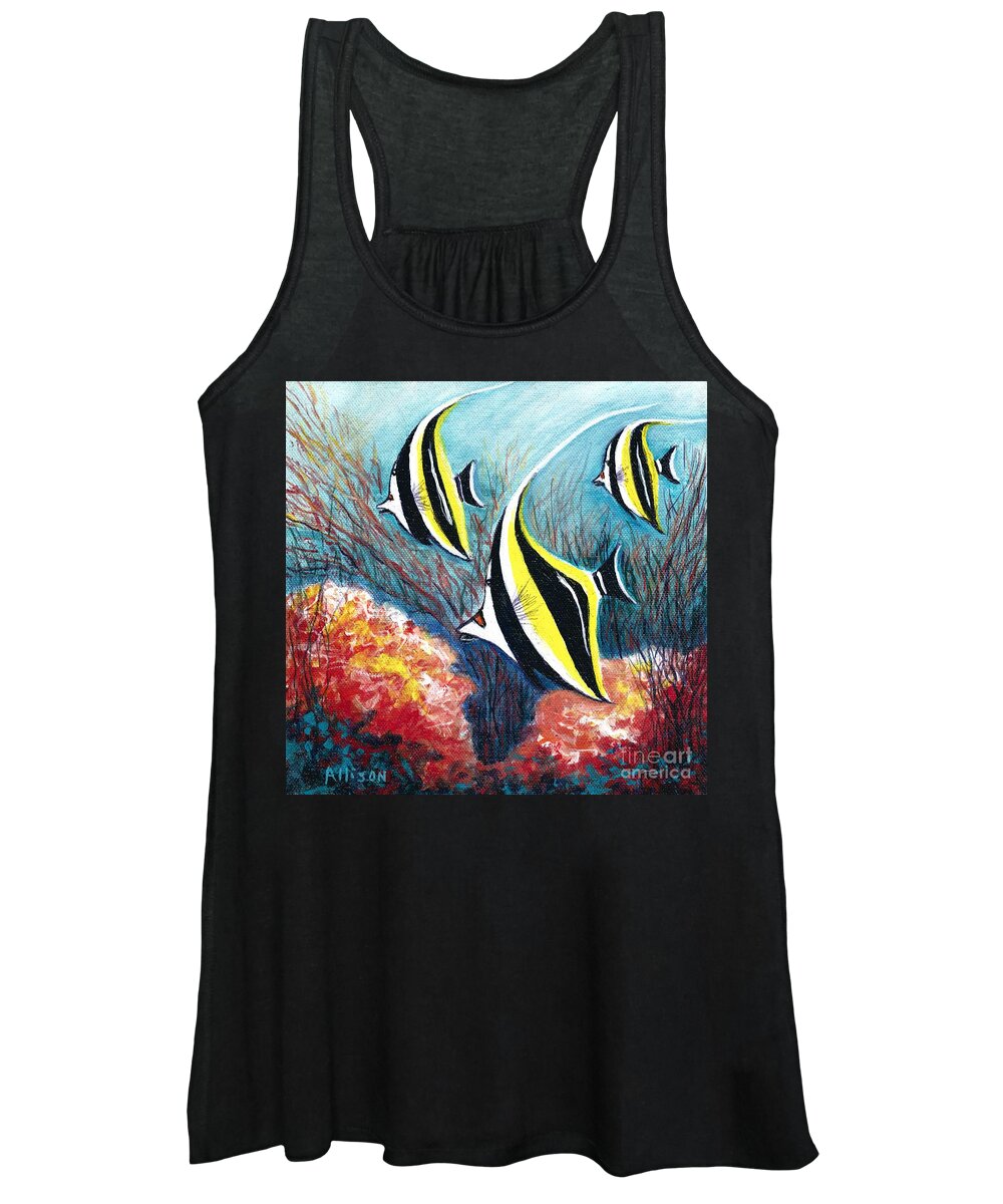 #moorishidol #fish #oceans #coral #worldoceansday #butterflyfish Women's Tank Top featuring the painting Moorish Idol Fish and Coral Reef by Allison Constantino