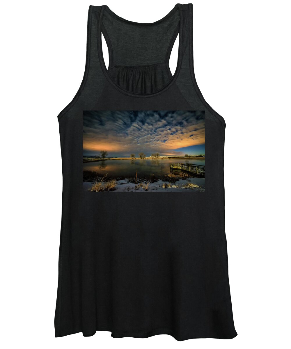 Pond Fishing_hole Night Stars Landscape Women's Tank Top featuring the photograph Fishing Hole at Night by Fiskr Larsen