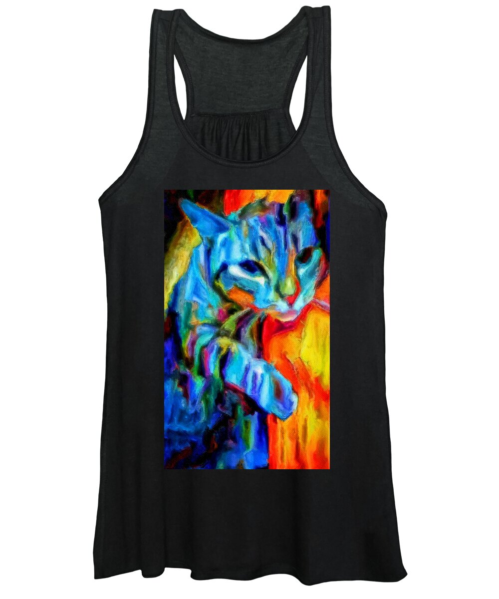 Flaming Women's Tank Top featuring the painting Flaming blue and orange kitty cat tiger resting gently from the prowl by MendyZ