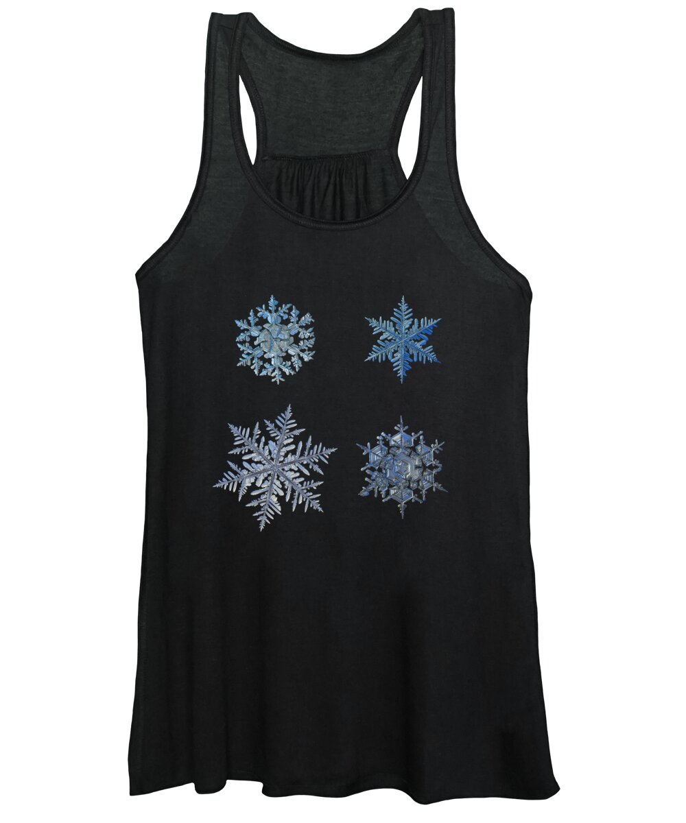 Snowflake Women's Tank Top featuring the photograph Four snowflakes on black background by Alexey Kljatov