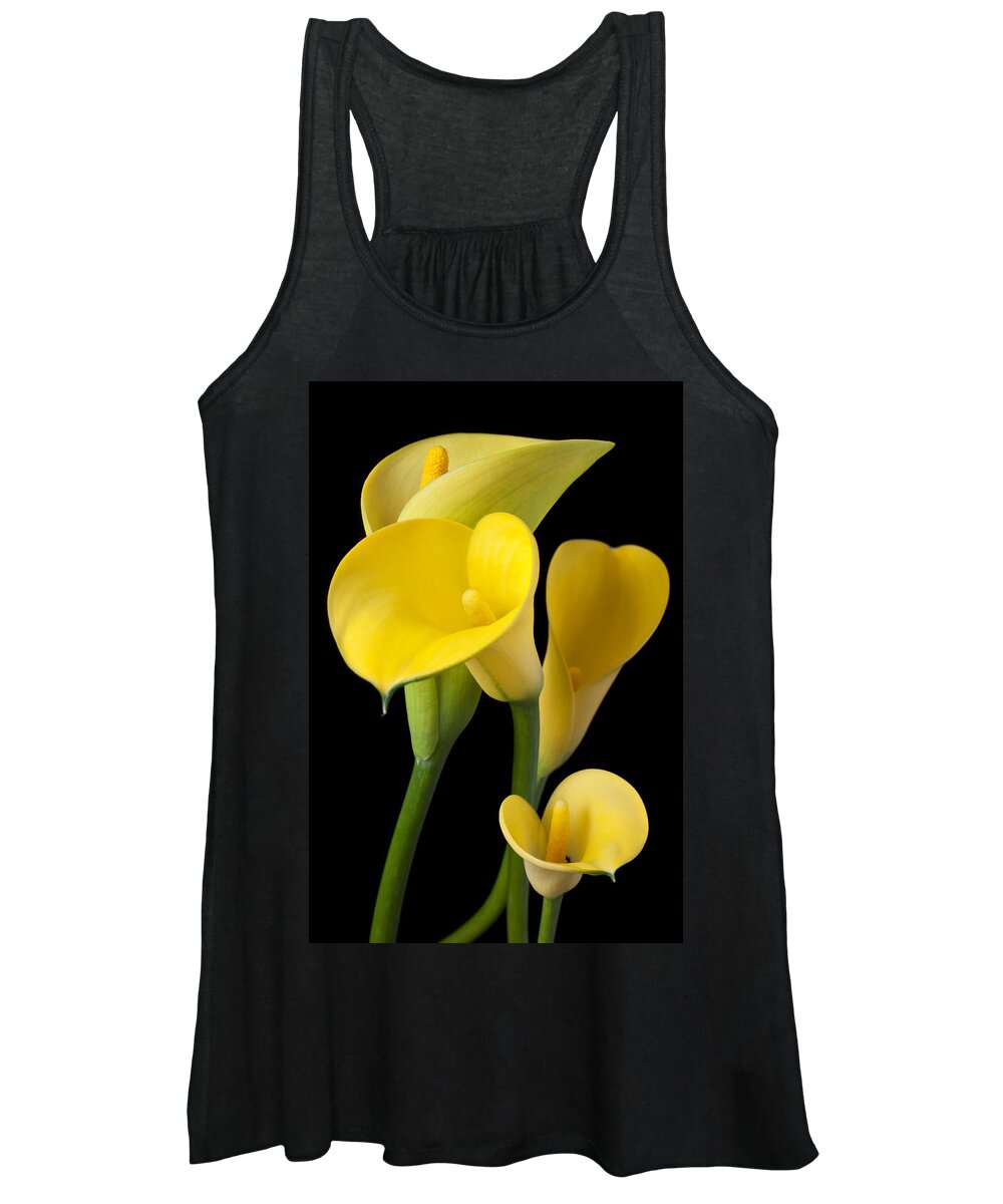 Yellow Women's Tank Top featuring the photograph Four yellow calla lilies by Garry Gay