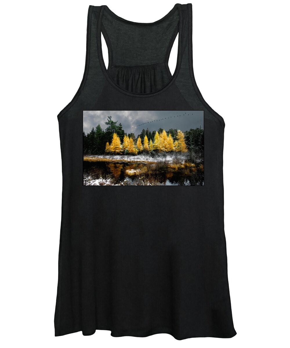 Larch Women's Tank Top featuring the photograph Geese Over Tamarack by Wayne King