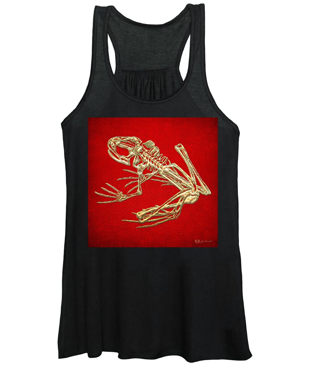 Precious Bones By Serge Averbukh Women's Tank Top featuring the photograph Gold Frog Skeleton On Red Leather by Serge Averbukh