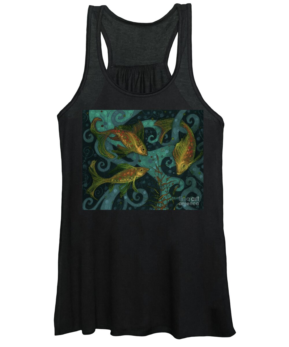 Fish Women's Tank Top featuring the mixed media Golden Fishes, underwater creatures, black, teal and yellow by Julia Khoroshikh