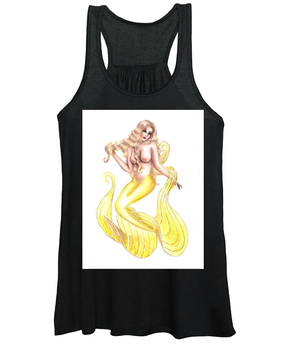 Colored Pencil Women's Tank Top featuring the drawing Golden Mermaid by Scarlett Royale