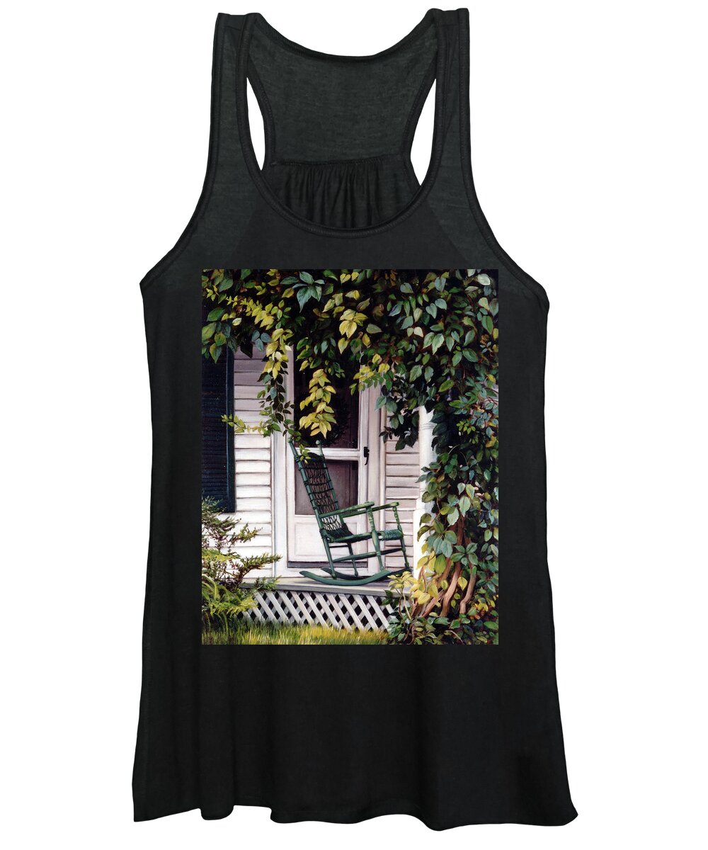Farmhouse Women's Tank Top featuring the painting Green Rocking Chair by Marie Witte