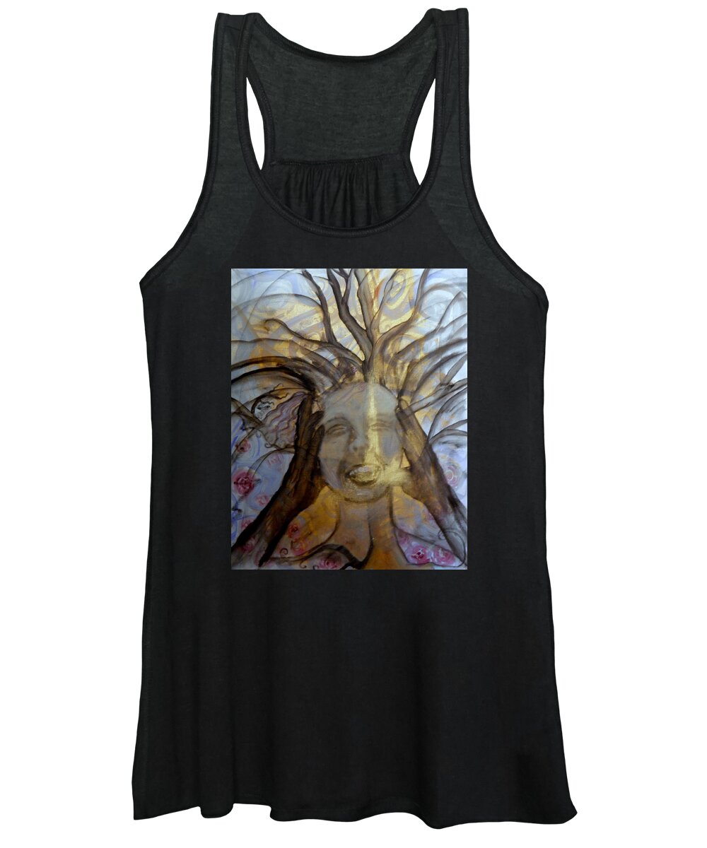 Tree Expressionistic Hands Face Hair Limbs Shout Blue Black Red Gold White Lines Roses Teeth Mouth Eyes Nose Fingers Neck Women's Tank Top featuring the painting Helpless by Ida Eriksen