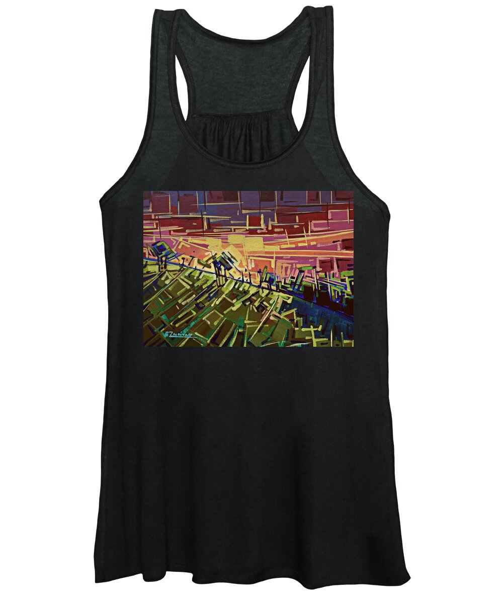 Sunset Women's Tank Top featuring the painting In the middle of the mountain by Enrique Zaldivar