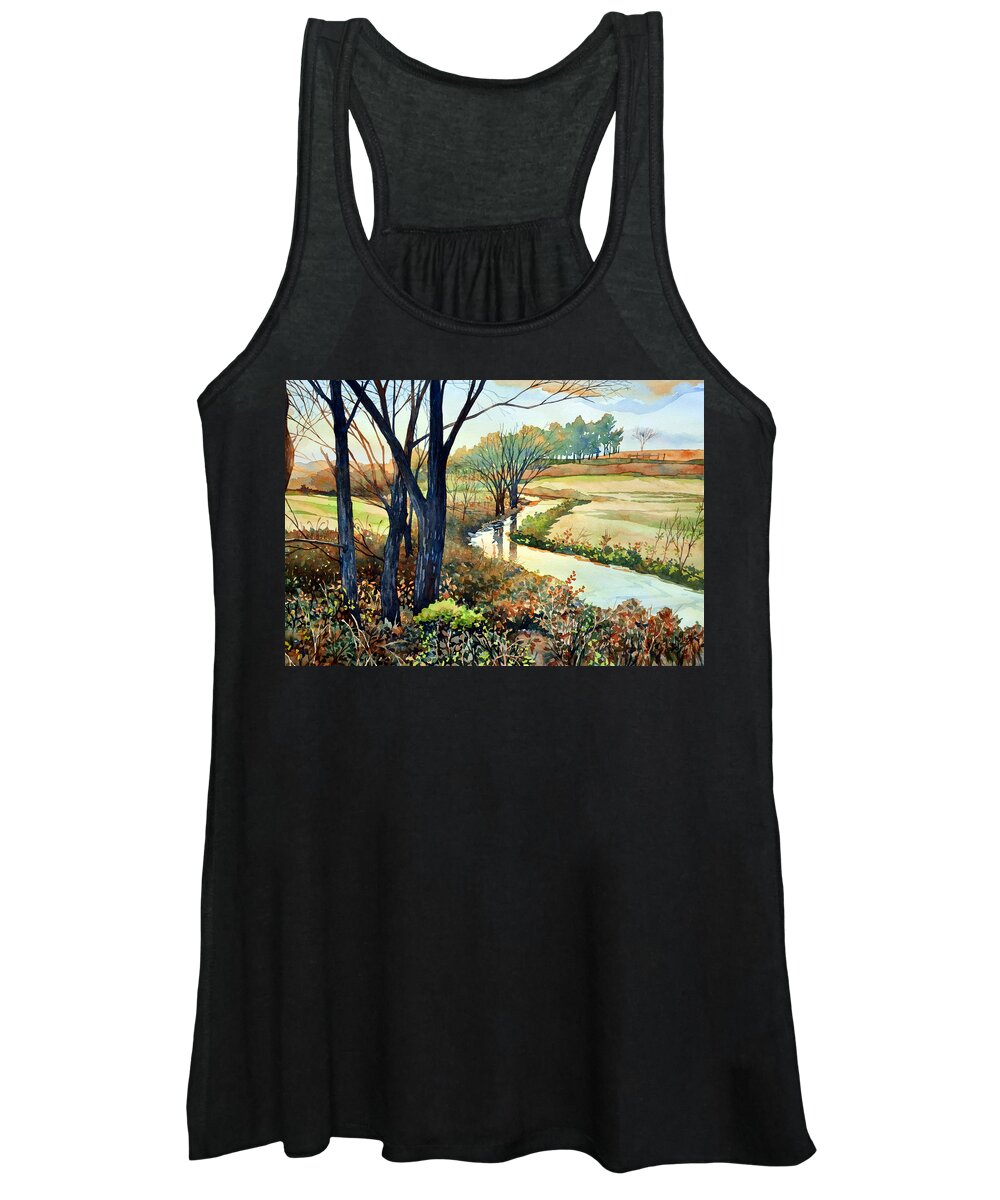 #watercolor #nature #landscape #stream #river #wild #green #sunset #art #painting Women's Tank Top featuring the painting In the Wilds by Mick Williams