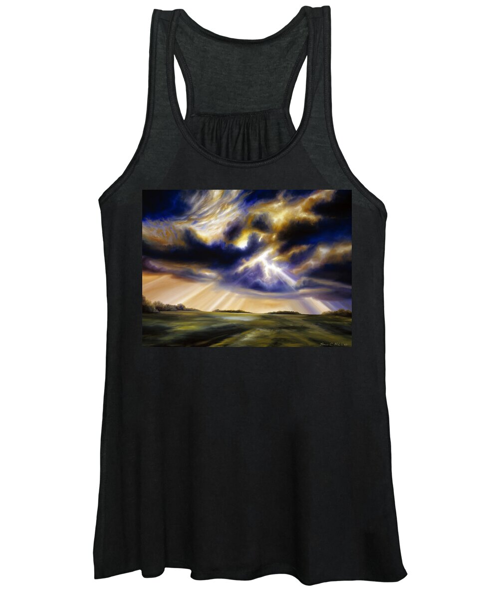 Sunrise; Sunset; Power; Glory; Cloudscape; Skyscape; Purple; Red; Blue; Stunning; Landscape; James C. Hill; James Christopher Hill; Jameshillgallery.com; Ocean; Lakes; Storms; Lightning; Rain; Rays; God Women's Tank Top featuring the painting Iowa Storms by James Hill