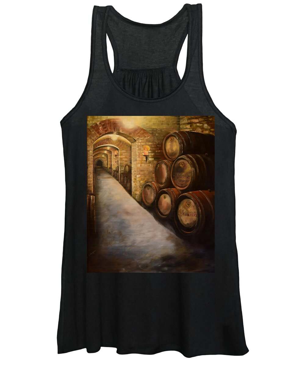 Winery Women's Tank Top featuring the painting Lights in the Wine Cellar - Chateau Meichtry Vineyard by Jan Dappen