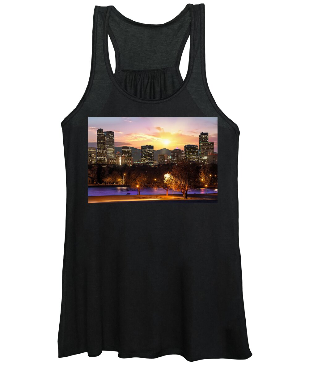 America Women's Tank Top featuring the photograph Magical Mountain Sunset - Denver Colorado Downtown Skyline by Gregory Ballos