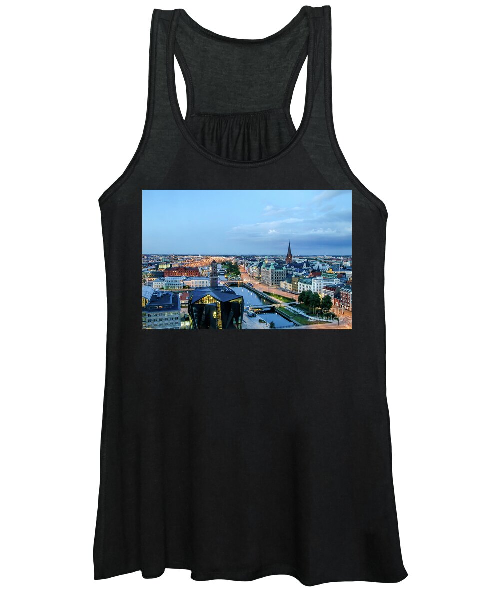 Buildings Women's Tank Top featuring the photograph Malmo by Night, Sweden by Amanda Mohler