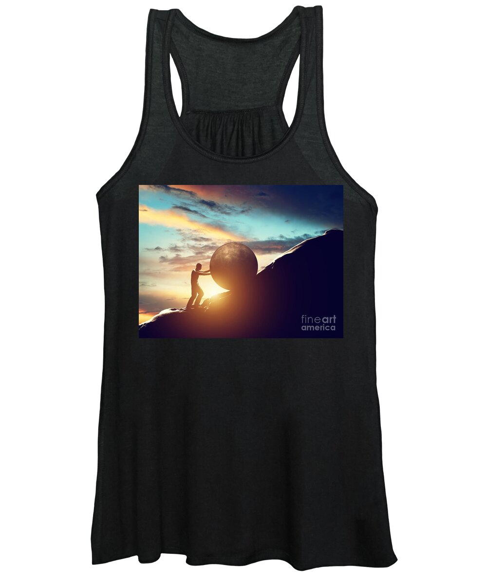 Sisyphus Women's Tank Top featuring the photograph Man rolling huge concrete ball up hill by Michal Bednarek