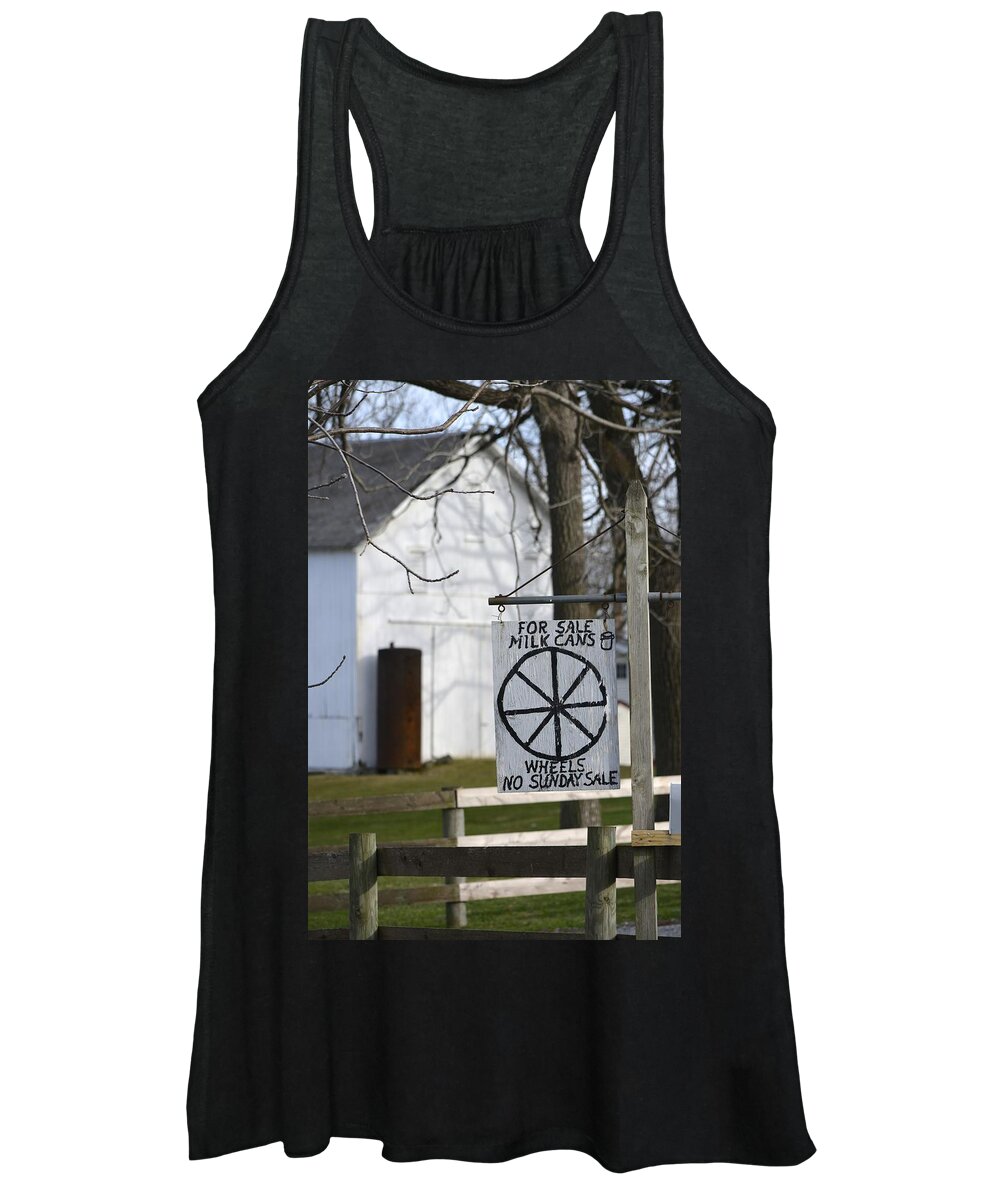 Amish Women's Tank Top featuring the photograph Milk Cans and Buggy Wheels by Tana Reiff