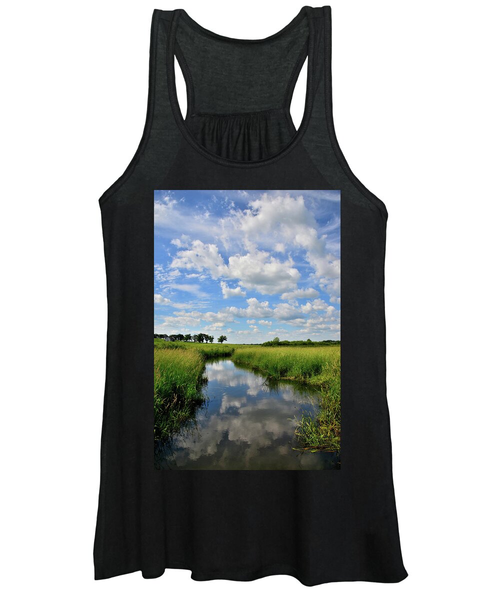 Glacial Park Women's Tank Top featuring the photograph Mirror Image of Clouds in Glacial Park Wetland by Ray Mathis