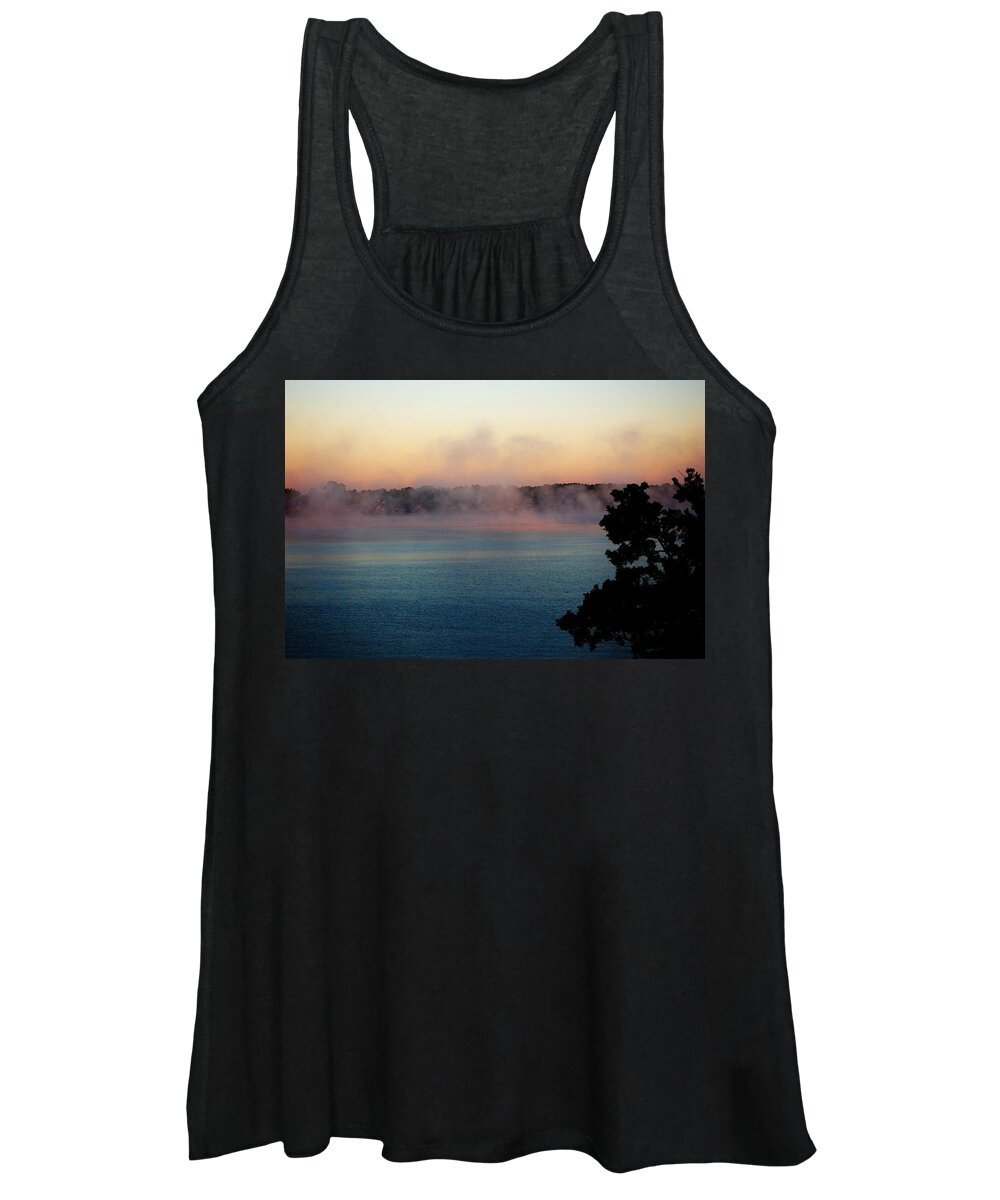 Lake Women's Tank Top featuring the photograph Mist over Lake Conroe Texas by David Lane