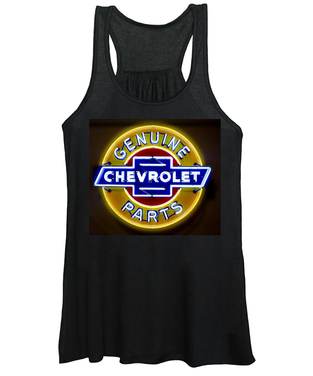 Neon Sign Women's Tank Top featuring the photograph Neon Genuine Chevrolet Parts Sign by Mike McGlothlen