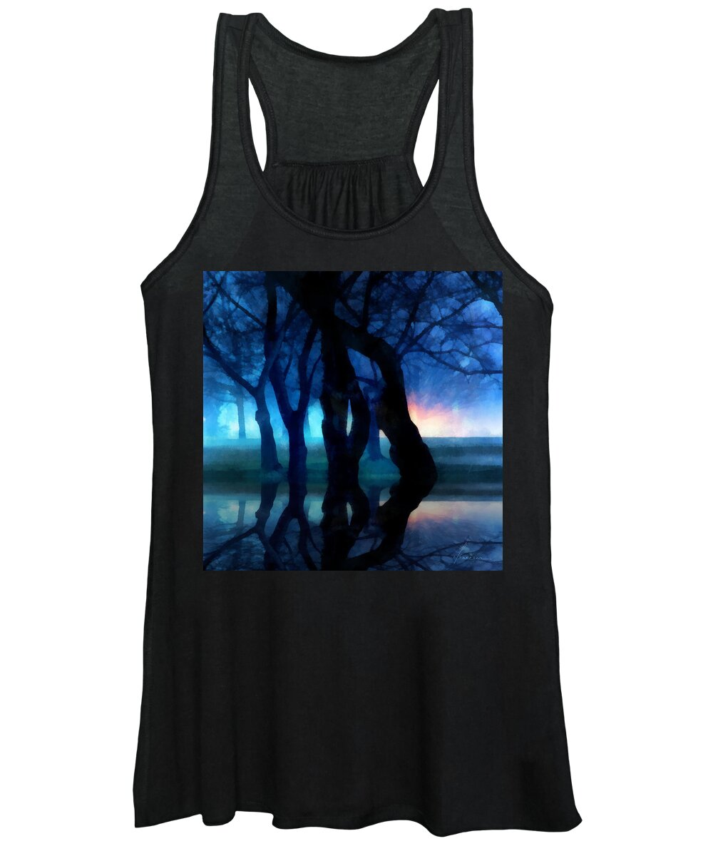 Fog Night Glowing Glow Trees City Park Creepy Dark Evening Silhouette Branches Reflections Women's Tank Top featuring the digital art Night Fog in a City Park by Frances Miller