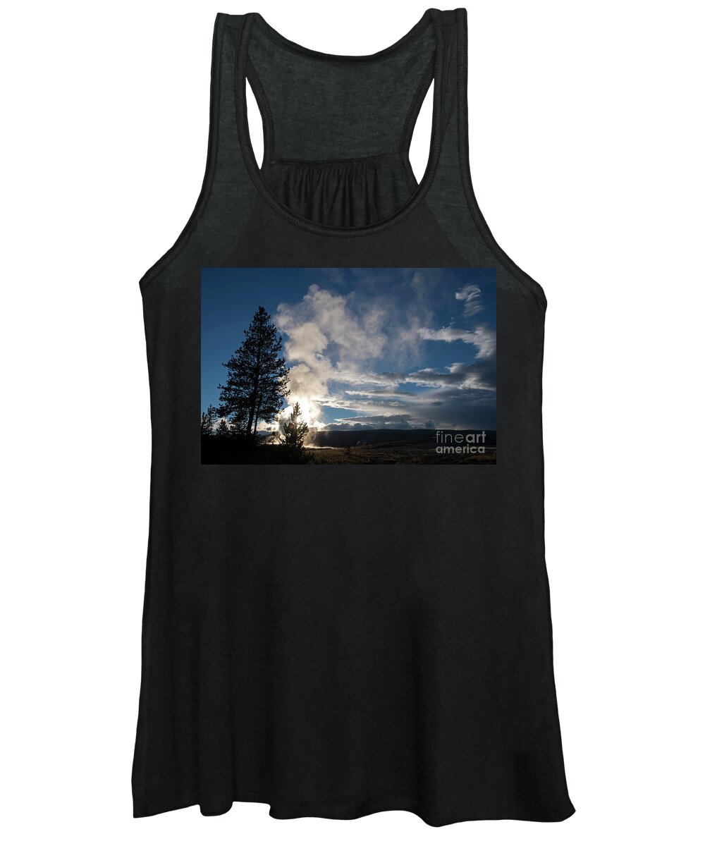 Old Faithfull Women's Tank Top featuring the photograph Old Faithfull at sunset by Cindy Murphy - NightVisions