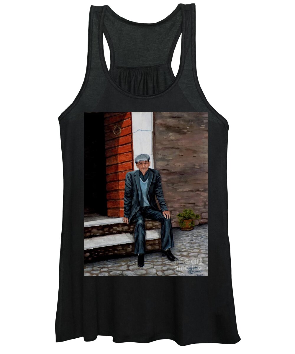 Old Man Women's Tank Top featuring the painting Old Man Waiting by Judy Kirouac