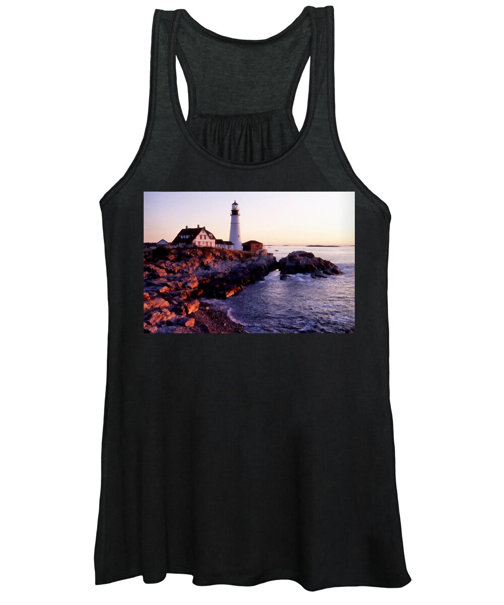 Water Ocean Scene Lighthouse Maine Painting Fishing Nature Women's Tank Top featuring the painting Pnrf0905 by Henry Butz