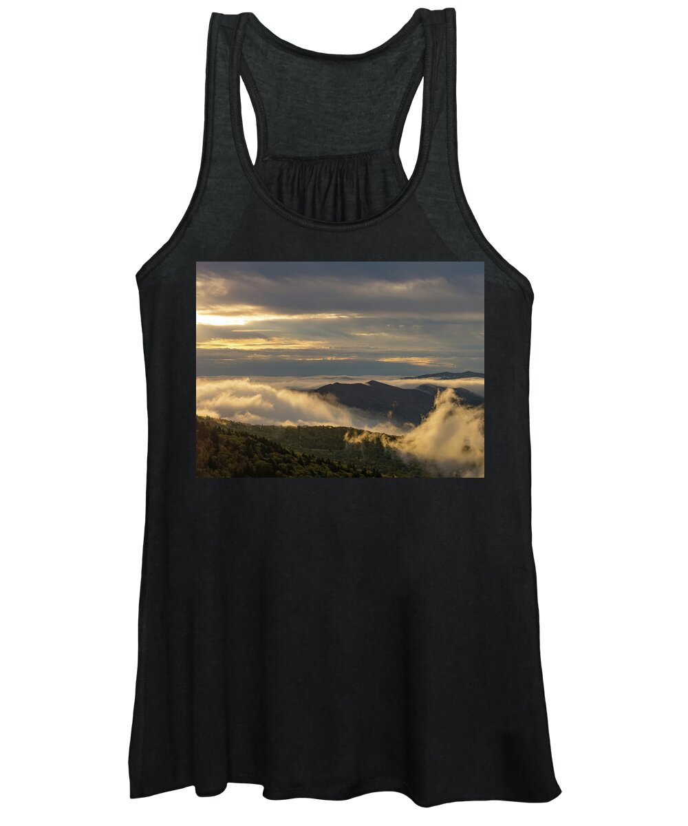 Blueridge Parkway; Landscape; Mountains; Sunrise; Clouds; Shadow; Waterrock Knob; Women's Tank Top featuring the photograph Puffy Clouds by Peggy Blackwell