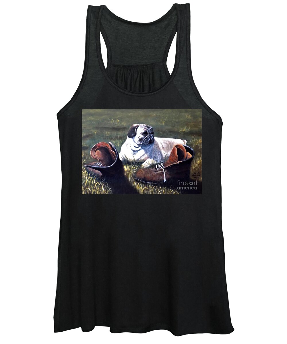 Pug Women's Tank Top featuring the painting Pug and Boots by Judy Kirouac