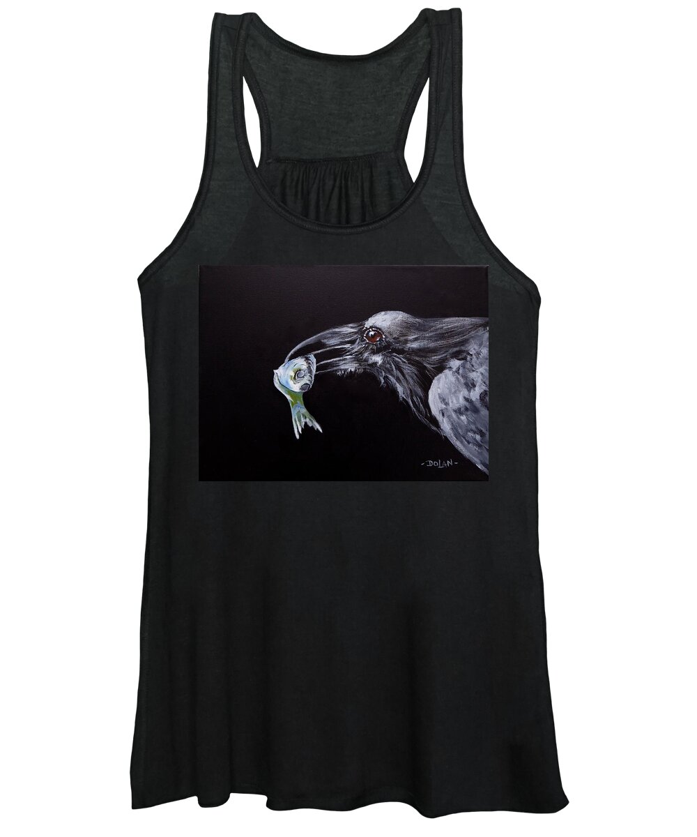 Raven Women's Tank Top featuring the painting Raven with Fish by Pat Dolan