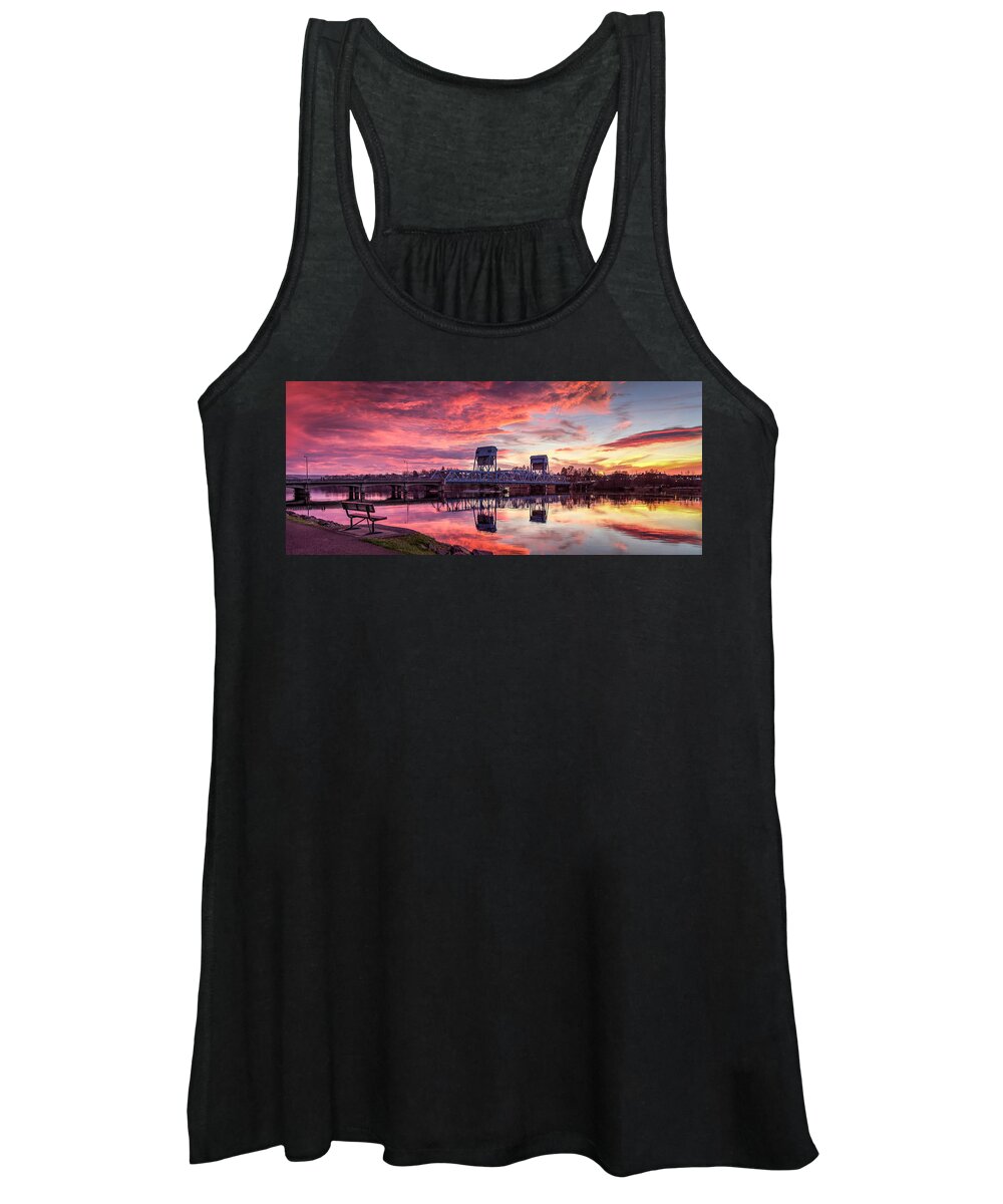 Bench Red Sunset Sky Blue Bridge Snake River Reflection Lewiston Idaho Women's Tank Top featuring the photograph Red at Night by Brad Stinson