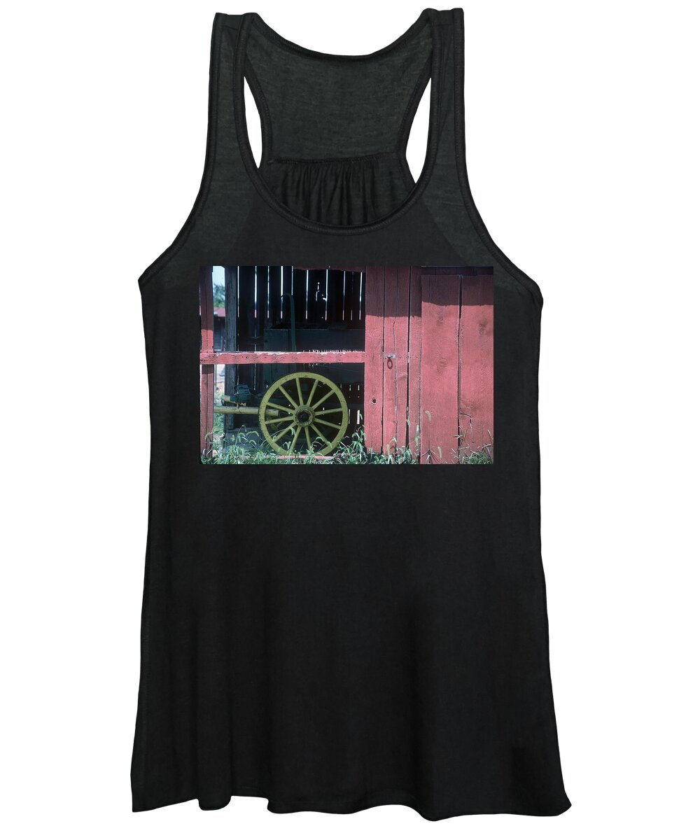 Amish Women's Tank Top featuring the pyrography Red Barn and Wagon Wheel by DArcy Evans