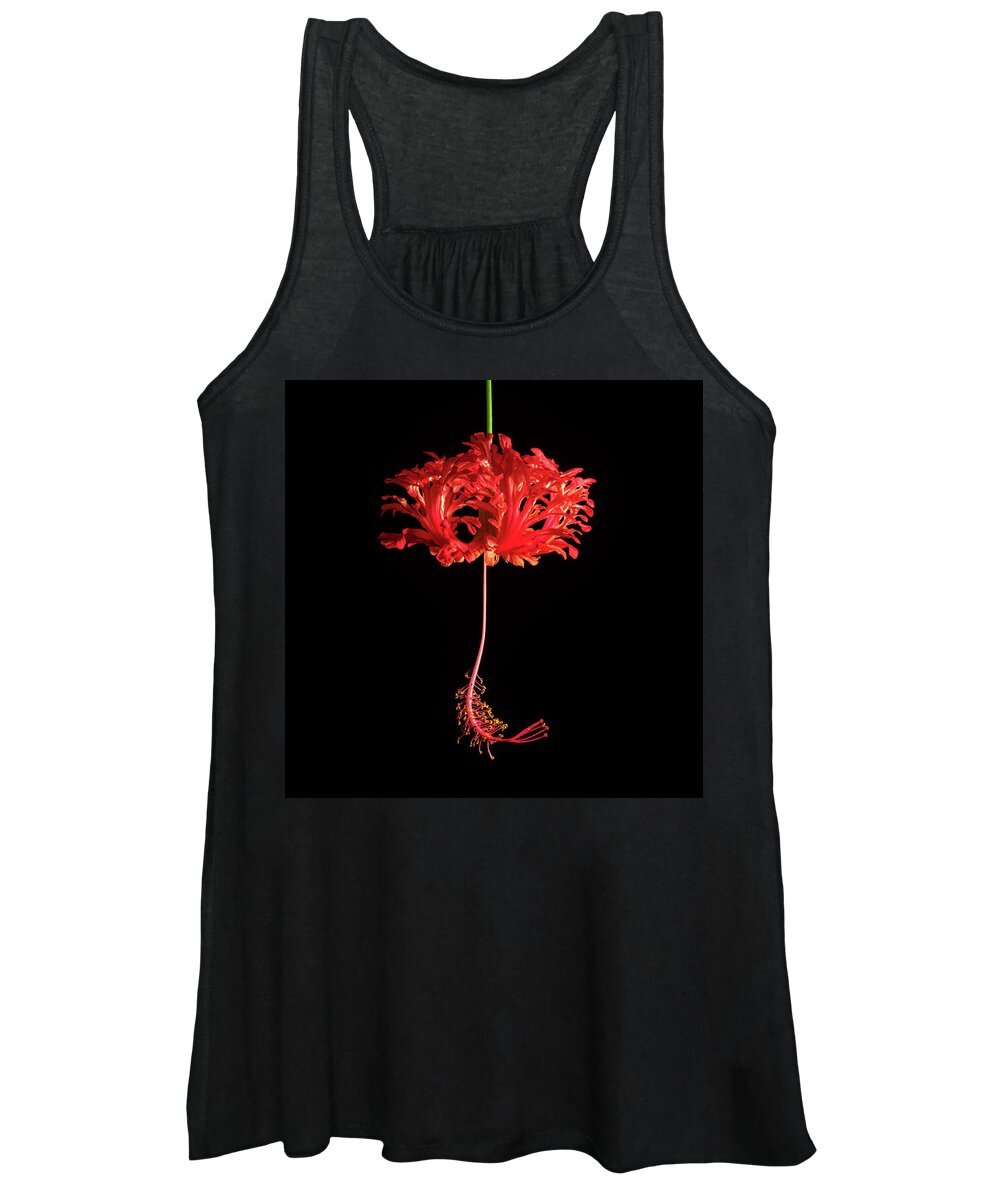 Hibiscus Women's Tank Top featuring the photograph Red Hibiscus Schizopetalus On Black by Christopher Johnson
