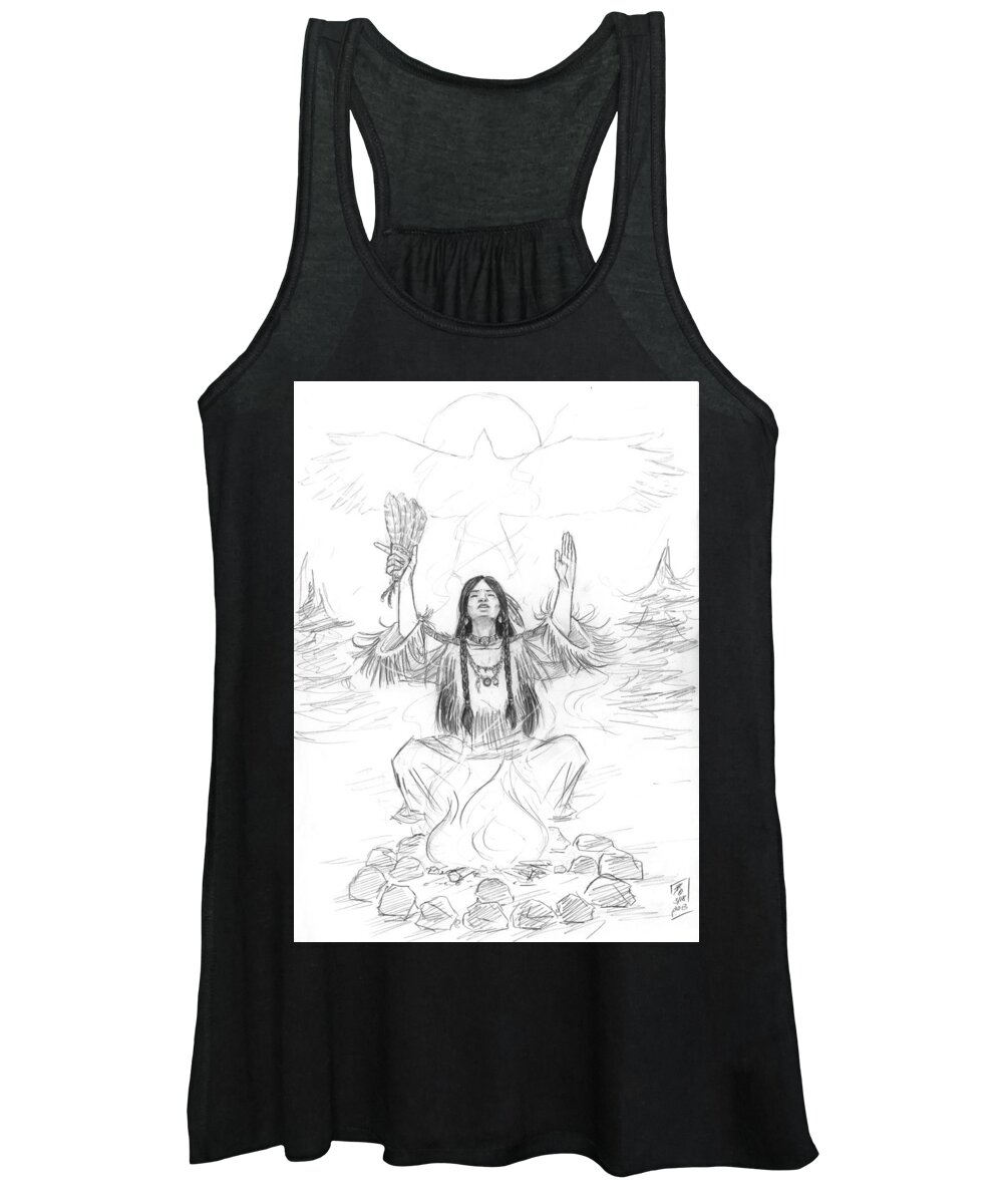 First Nations Women's Tank Top featuring the drawing Shaman's Breath by Brandy Woods