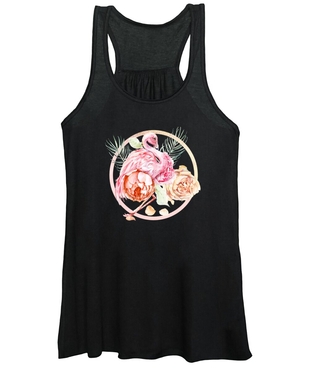 Flamingo Women's Tank Top featuring the painting Shimmering Rose Gold Flamingo With Flowers And Palm Fronds by Little Bunny Sunshine